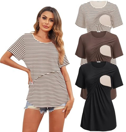3 Pack Women Nursing Tops Short Sleeve Breastfeeding Shirts Maternity Tees - color: 3pcs- Black + Brown + Stripe Brown, size: Large