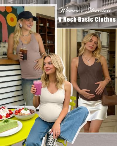 3 Pack Maternity Tank Tops Ribbed V Neck - color: Cream, Khaki, Coffee, size: Small