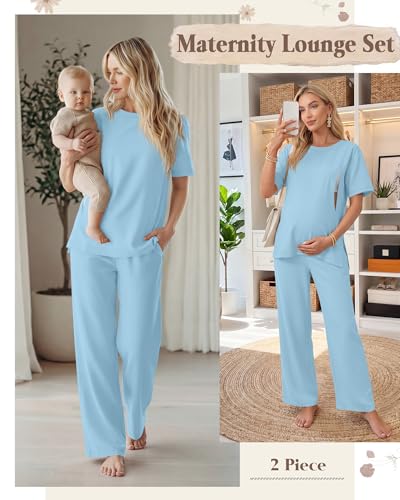 2Pc Postpartum Nursing Pajamas Set - color: Light Blue, size: Medium