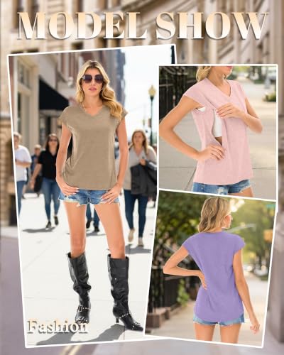 3 Pack Womens Nursing Tops V Neck - color: Purple, Light Pink, Khaki, size: Large