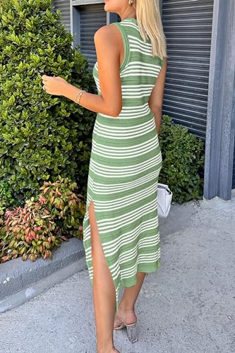 PRETTYGARDEN Women's Summer Sleeveless Striped Midi Dresses - color: Light Green, size: XX-Large