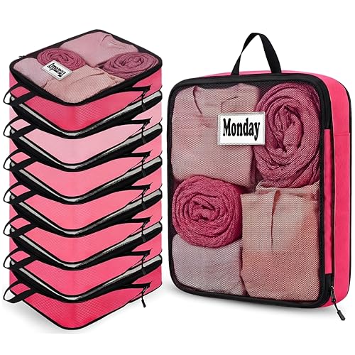 7 Pcs Packing Cubes for Travel Days of Week, Pink, L - color: Pink, size: L