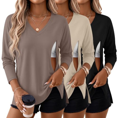 Riyiper 3 Pack Women's Nursing Shirts for Breastfeeding - color: Coffee, Apricot, Black, size: X-Large
