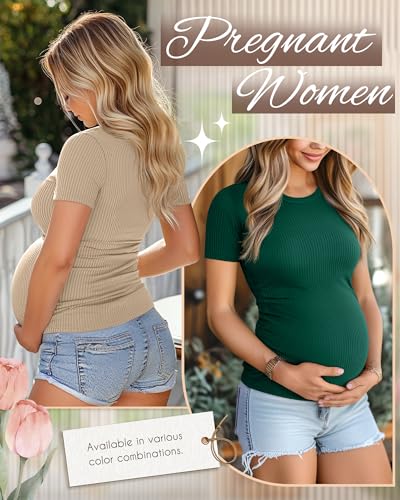 Ficerd 3 Pack Women's Short Sleeve Maternity Shirts - color: Jade Green, Hazy Blue, Khaki, size: Medium