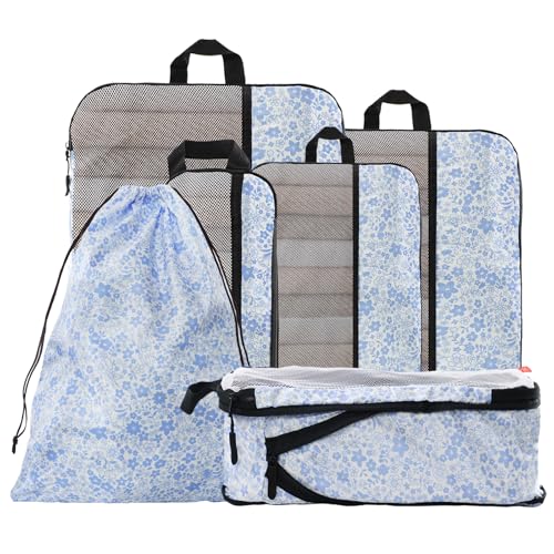 U+U 6 Set Compression Packing Cubes, Travel Organizers (Blue Flower) - color: Blue Flower, size: 6 Set