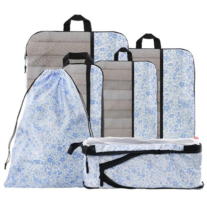 U+U 6 Set Compression Packing Cubes, Travel Organizers (Blue Flower) - color: Blue Flower, size: 6 Set