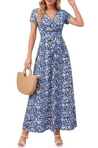 OUGES Women's Wrap V Neck Summer Maternity Photoshoot Dress with Pockets - color: Blue Floral, size: Small