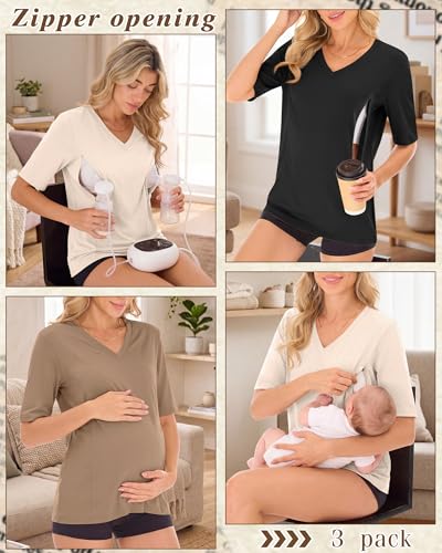 Neer 3 Pack Women's Nursing Shirts Breastfeeding Tops - color: Cream, Khaki, Black, size: X-Large