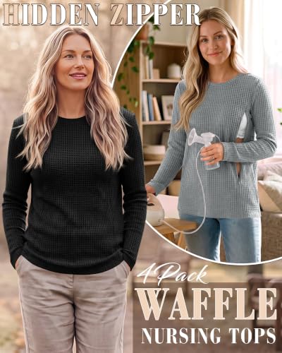 Locoowai 4 Pack Nursing Tops Waffle Knit Long Sleeve Shirts - color: Army Green, Light Brown, Light Gray, Black, size: Medium