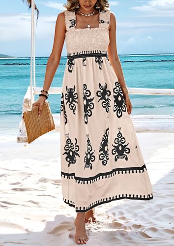 PRETTYGARDEN Women's Sleveless Boho Maxi Dress - color: Floral Apricot Black, size: Medium