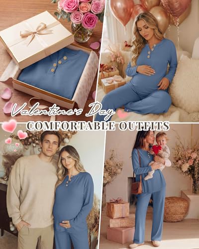 2 Piece Thermal Maternity Lounge Set - color: Gray Blue, size: Small