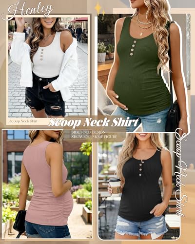 4 Pack Maternity Henley Tank Tops - color: Dusty Pink, Army Green, White, Black, size: Medium