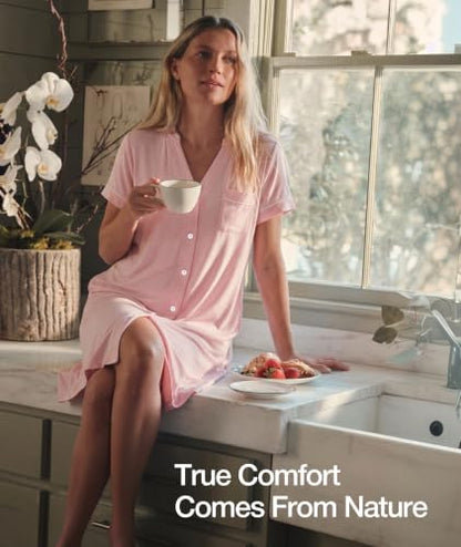 GYS Bamboo Viscose Nightgowns for Women Soft Button Down Sleep Shirt - color: Pink, size: Medium