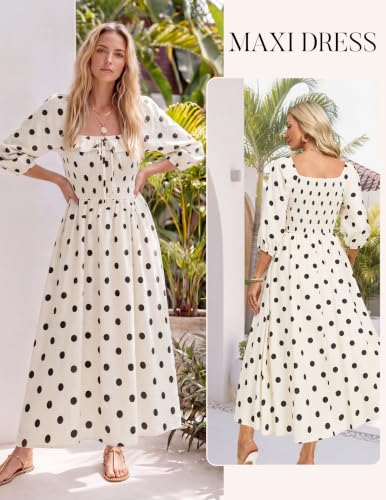 Kate Kasin Womens Summer Fall Boho Maxi Wedding Guest Dresses with Pockets - color: White and Black Polka Dots, size: Medium