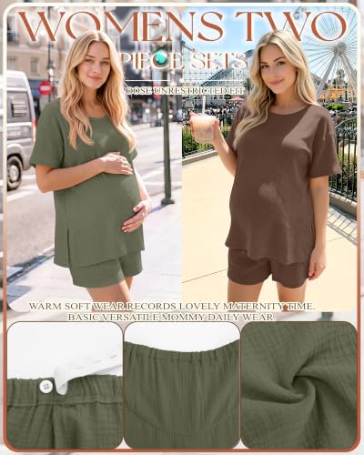 Riyiper 4 Pcs 100% Cotton Maternity Pajamas Sets - color: Army Green, Light Brown, size: Medium