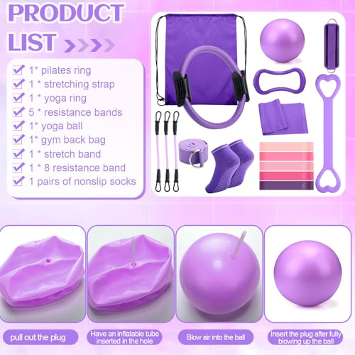 RoundFunny 18Pcs Pilates Ring Set, Women Exercise Accessories - color: Purple