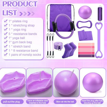 RoundFunny 18Pcs Pilates Ring Set, Women Exercise Accessories - color: Purple