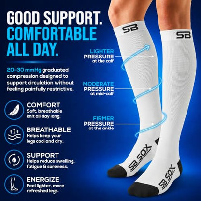SB SOX Compression Socks for Men & Women (20-30mmHg) - color: White/Black, size: Small
