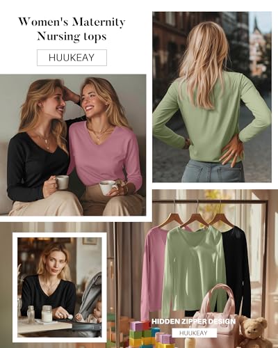 Huukeay 3 Pack Maternity Nursing Tops Breastfeeding Shirts - color: Black, Light Green, Pink, size: XX-Large