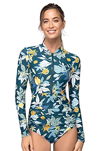 AXESEA Womens Rash Guard Long Sleeve One Piece Swimsuit Ruched Zip Bathing Suit - color: Cupid, size: 4