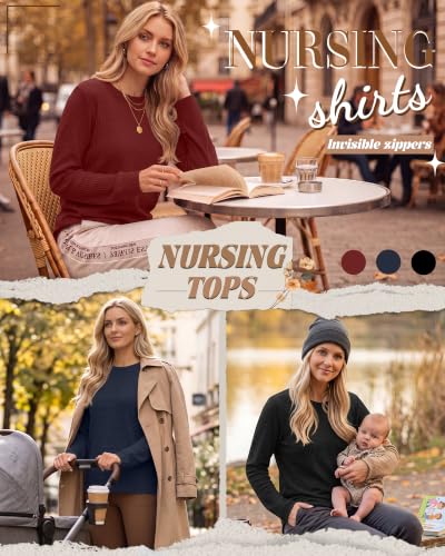 Neer 3 Pack Women's Nursing Hidden Zipper Long Sleeve Shirts - color: Wine Red, Navy Blue, Black, size: Large
