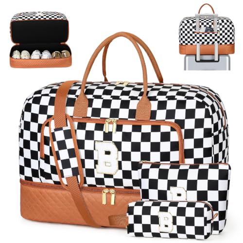 TIBES Gift for Her, Weekender Bag for Women Initial Travel Duffle Bag - color: Black & White Checkerboard, style: B