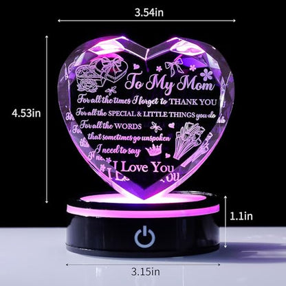 Mom Crystal Heart Keepsake with LED Base, Laser Engraved Love Message Gift - color: Mom Gift