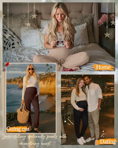 3 Pack Womens Maternity Pants Loose Pregnancy Joggers - color: Khaki, Dark Brown, Black, size: Small