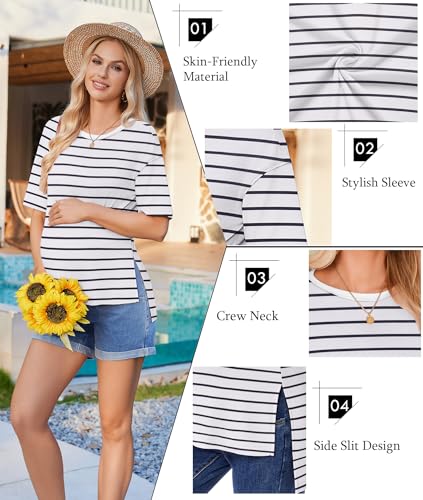 Ekouaer Maternity Shirts 3 Packs Short Sleeve Split Side Pregnancy Tops - color: Black/Light Gray/White Stripe, size: Large