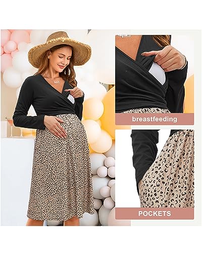 OUGES Women's Nursing Breastfeeding Pocket Fall Baby Shower Maternity Dress - color: Black Khaki Floral Leopard, size: X-Large