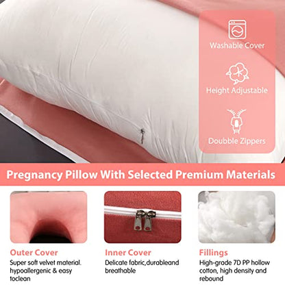 Elover U Shaped Pregnancy Pillow,Full Body Maternity Support - color: Velvet -Pink