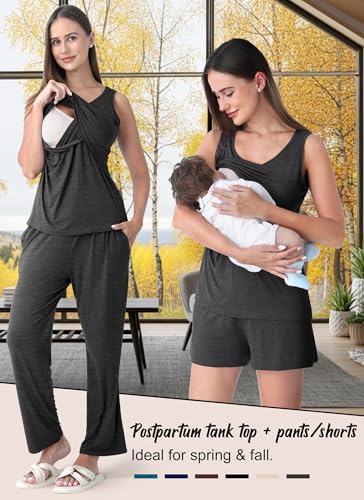 Rnxrbb 4PCS Year-Round Nursing Pajamas Robe Set Postpartum Breastfeeding Pj - color: Deep Gray, size: Medium