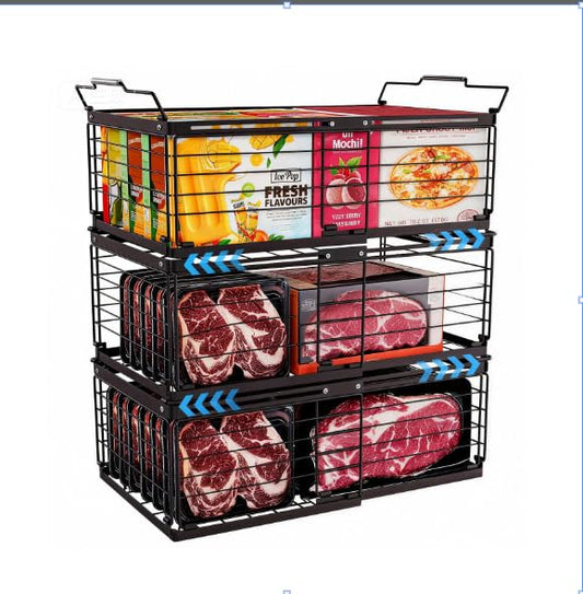 3PCS Freezer Organizer Bins,Stackable Chest Freezer Organizer for 7 Cu.FT Deep Freezer Sort Frozen Food, Easily Get Food from the Bottom with Side Handles Add Storage Space - style: Expansion stack - 3-piece