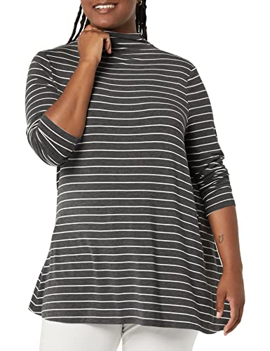 Amazon Essentials Women's Jersey Long-Sleeve Mock Neck Swing Tunic Top, Relaxed Fit Pullover - color: Charcoal Heather White Stripe, size: X-Small
