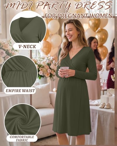 Locoowai Maternity Wrap Long Sleeve Dress V Neck Fall Dress - color: Army Green, size: Medium