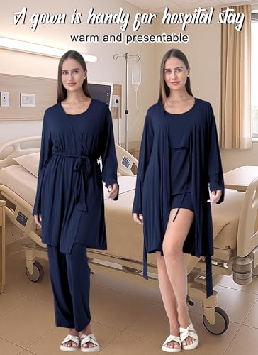 Rnxrbb 4PCS Year-Round Nursing Pajamas Robe Set Postpartum Breastfeeding Pj - color: Navy, size: Medium