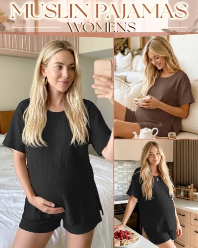 Riyiper 4 Pcs 100% Cotton Maternity Pajamas Sets - color: Light Brown, Black, size: Large