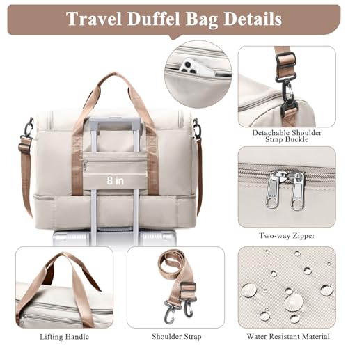 Travel Duffel Bag,Carry-On Overnight Weekender Bags with Shoes Compartment - color: Beige & Brown, size: Small