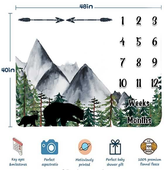 Black Bear Monthly Milestone Blanket, White Unisex - color: Black Bear Baby