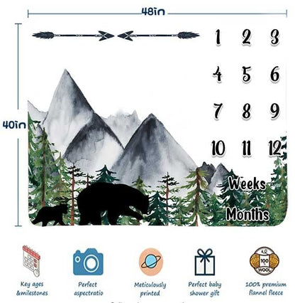 Black Bear Monthly Milestone Blanket, White Unisex - color: Black Bear Baby