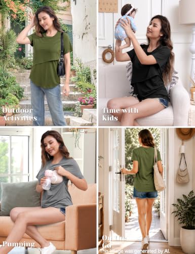 SUNNYBUY Women's Nursing Tops 3 Pack, Breastfeeding Shirts Maternity Tee - color: Black/Charcoal Gray/Olive, size: Medium