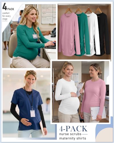 Locoowai 4 Pack Long Sleeve Maternity Underscrub Tops for Nurses - color: Black, White, Lake Green, Light Pink, size: XX-Large