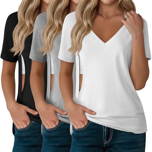 3 Pack Women's Nursing Tops Breastfeeding Shirts - color: Black, Gray, White, size: Large