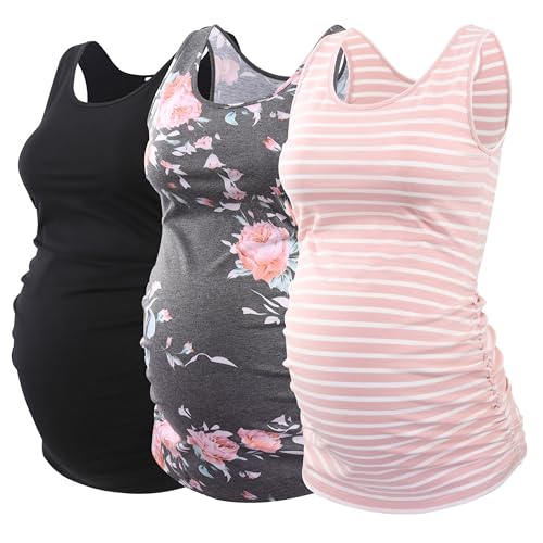 Ecavus 3 Pack Maternity Tank Tops Side Ruched Pregnancy Shirts for Women - color: Black/Pink Stripe/Floral53, size: Small