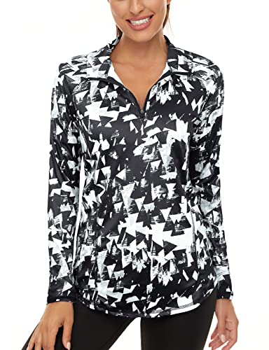 LURANEE Womens UPF 50+ Long Sleeve 1/4 Zip Pullover Athletic Hiking Running Workout Tops - color: Geometry Black, size: Small