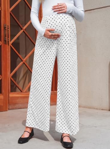 BLENCOT Women's Maternity Flowy Pants Polka Dot Pregnancy Trousers - color: White, size: Medium