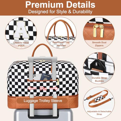 TIBES Gift for Her, Weekender Bag for Women Initial Travel Duffle Bag - color: Black & White Checkerboard, style: L