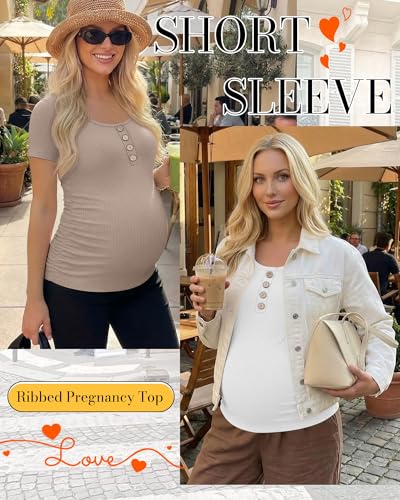 4 Pack Womens Short Sleeve Maternity Shirts - color: Khaki, Coffee, Light Heather Gray, Black, size: Medium