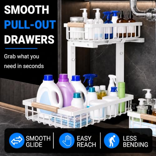 Under Sink Organizer 2 Pack, Double Slide Out Metal Shelf, White - color: White