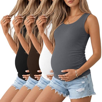 Ficerd 4 Pack Women's Maternity Tank Cotton Tops - color: Black, Coffee, White, Pure Dark Gray, size: Medium
